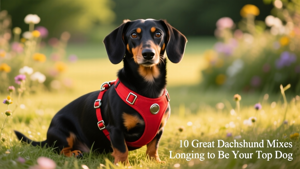 black and tan doxle sitting in the grass wearing a red harness
