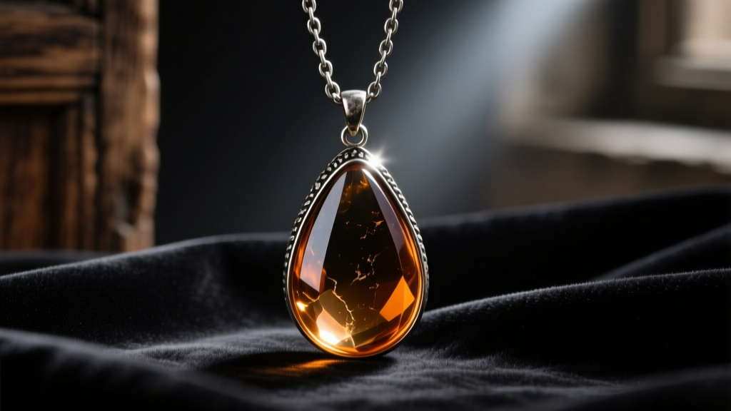Vintage teardrop glass pendant on an oxidized sterling silver chain resting on dark velvet fabric under moody, cinematic lighting.