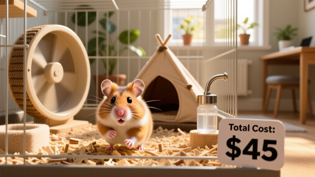 A cheerful Syrian hamster exploring a well-equipped, spacious cage with bedding, a running wheel, and a hideout