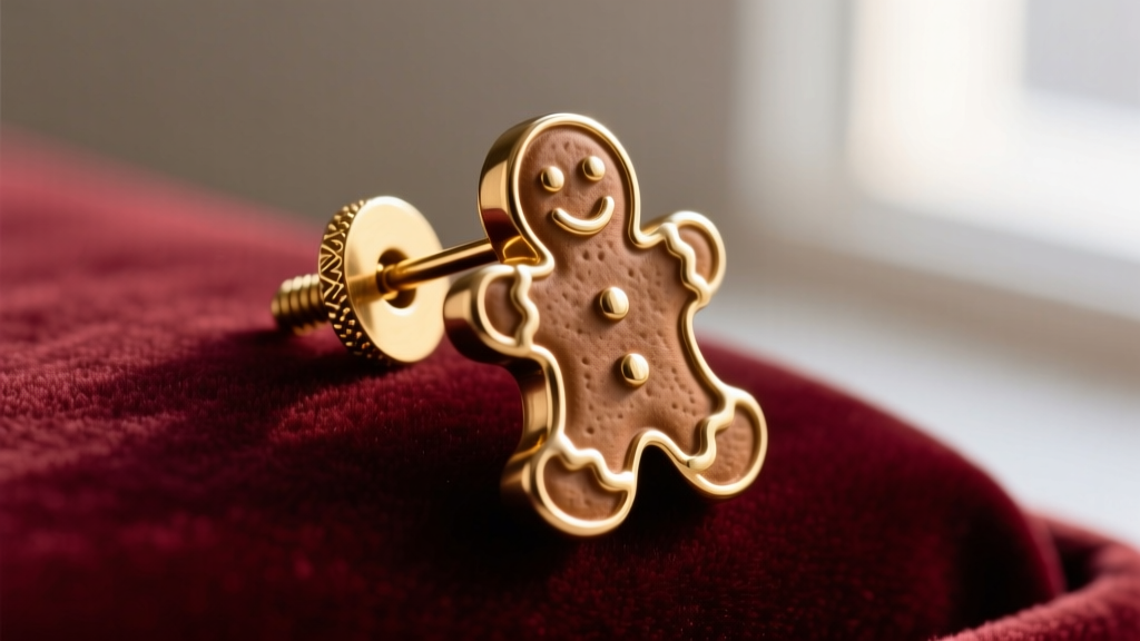 Close-up of heavy brass gingerbread man earring on velvet, highlighting reinforced 18-gauge post and secure screw-back clutch