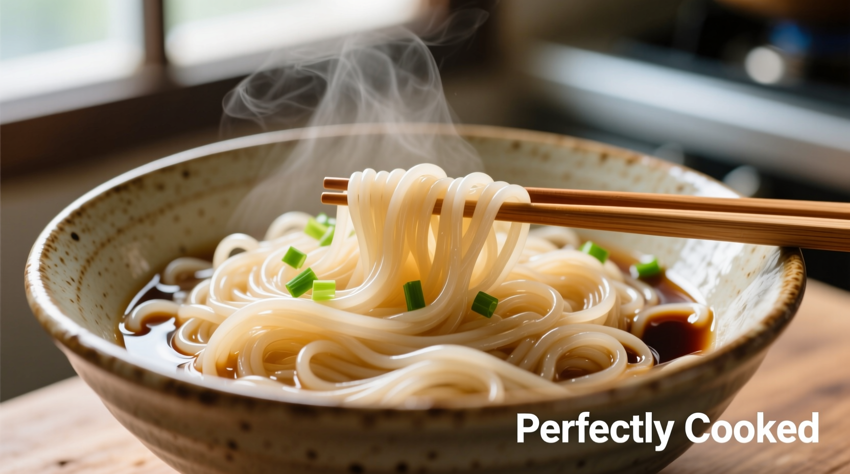 Perfectly cooked vermicelli noodles in bowl with chopsticks