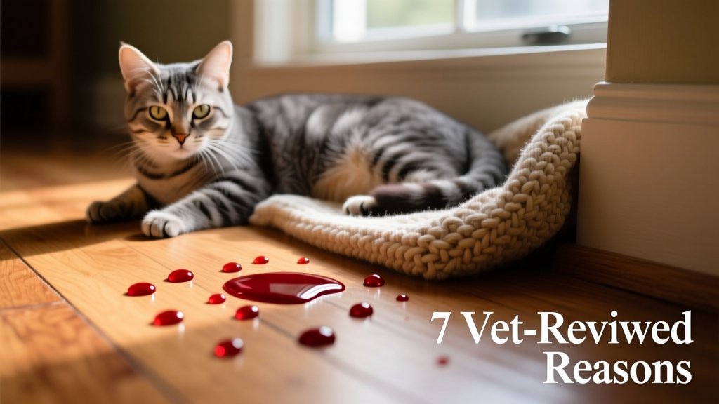 Close-up of fresh blood droplets on hardwood floor near a cat's resting spot