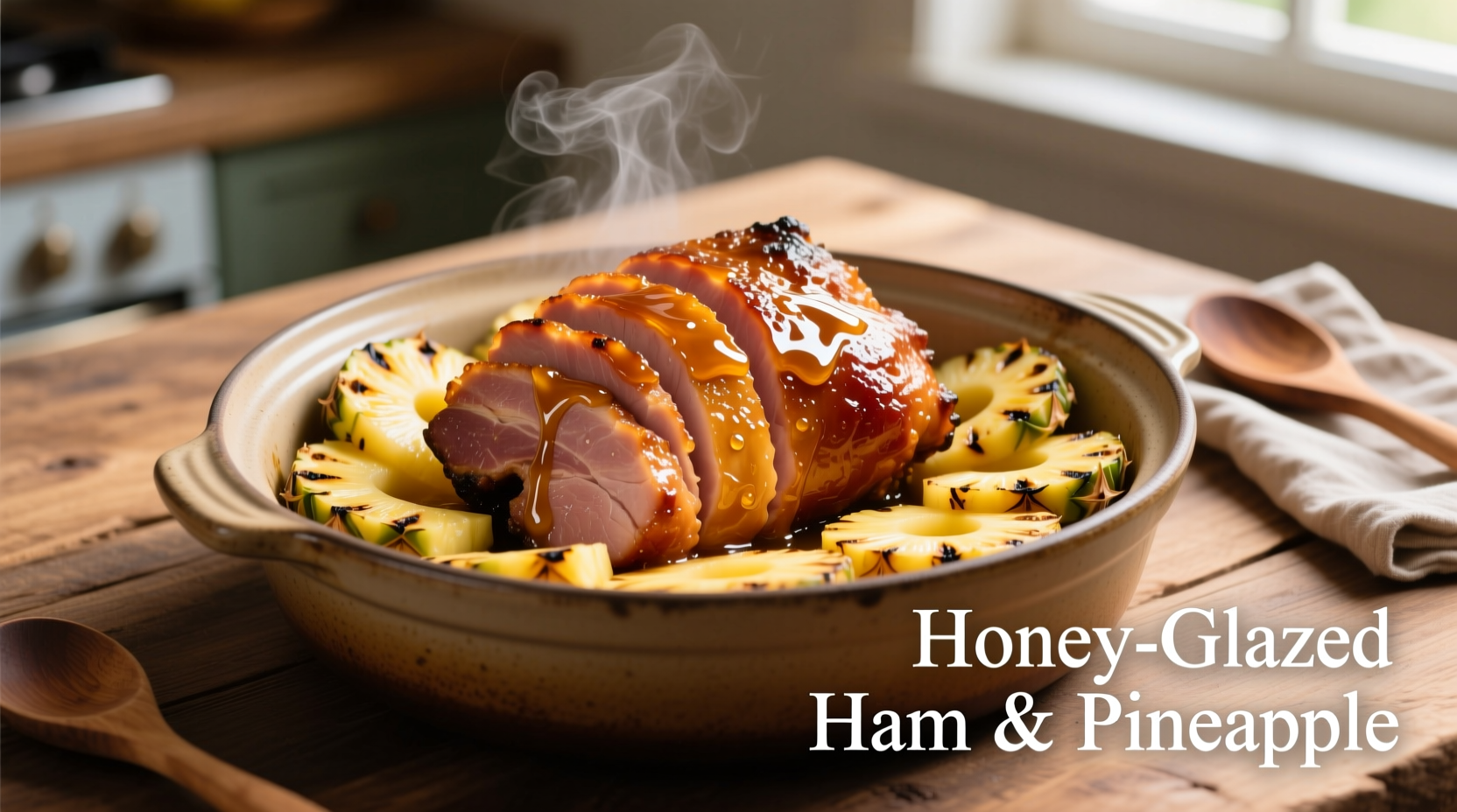 Sliced honey-glazed ham in crock pot with pineapple