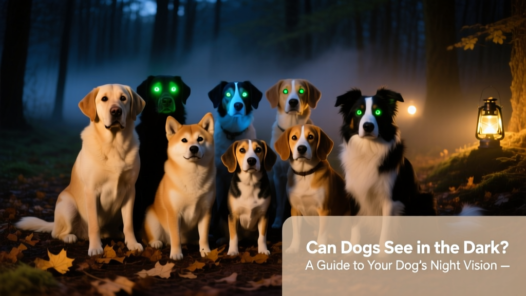 Nighttime photo of multiple dogs sitting together, each with eyes glowing in different colors—green, blue, and gold