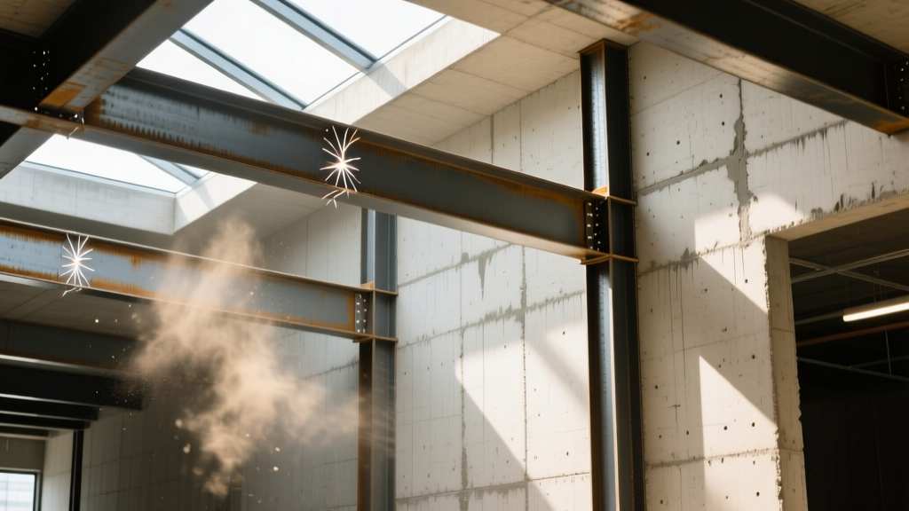 Exposed steel beams and textured insulated concrete walls in a commercial building interior during active construction.