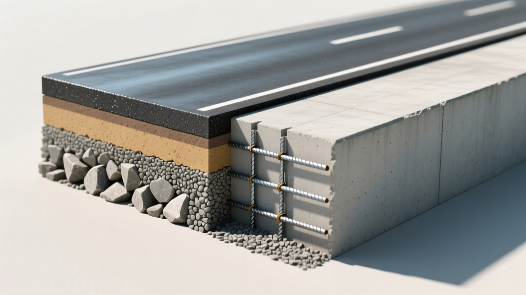 Cross-section diagram of layered highway pavement showing asphalt surface over aggregate base next to a reinforced concrete road slab.