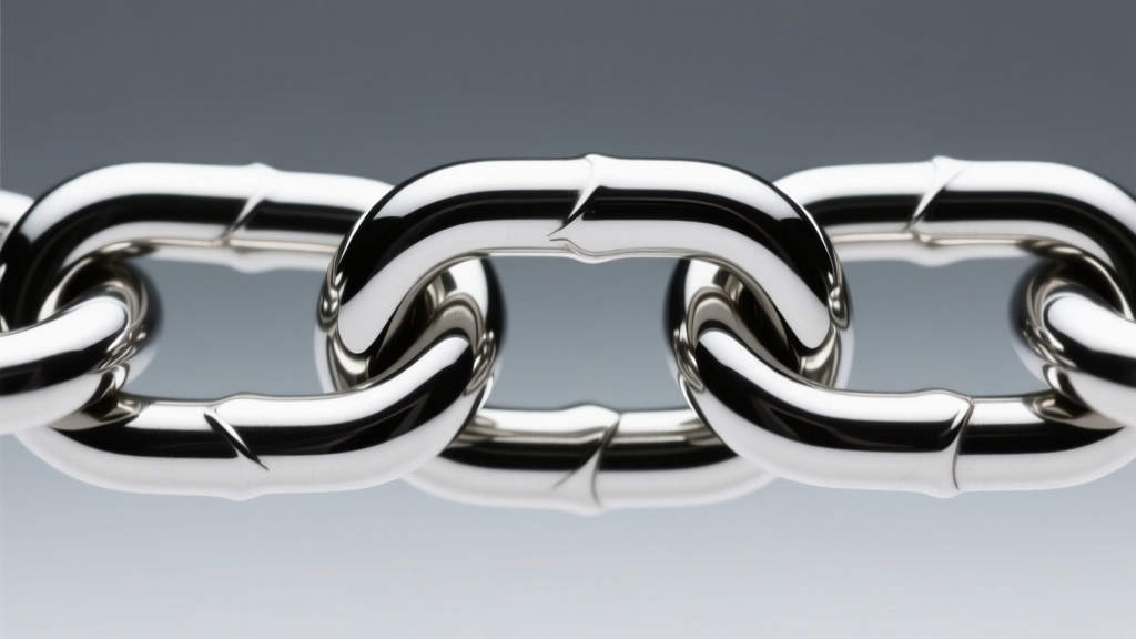 Macro shot of polished 316L steel chain links reflecting studio light, showing a flawless mirror finish without surface oxidation.