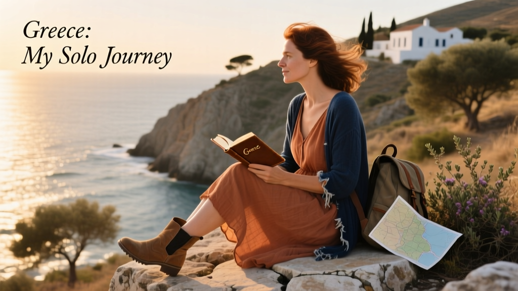 A solo female traveler perched on a rocky outcrop overlooking the Aegean Sea from a Greek island cliffside