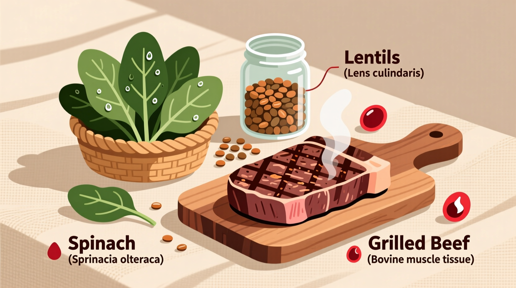 Iron-rich foods including spinach, lentils, and grilled beef