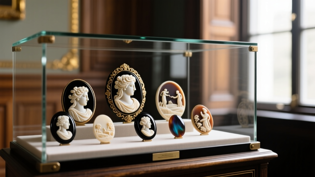 UV-filtering glass on a vintage display case showing anti-reflective coating over a collection of hand-carved Victorian cameos.