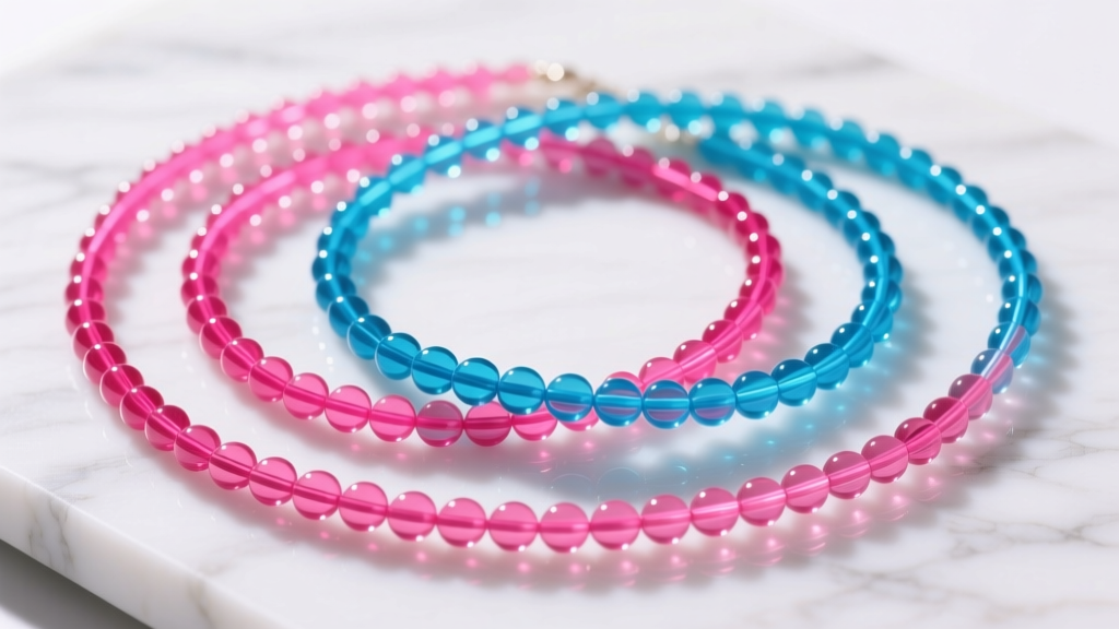 Flat lay of translucent stretch-plastic beaded chokers in neon pink and blue, arranged in overlapping circles on white marble.