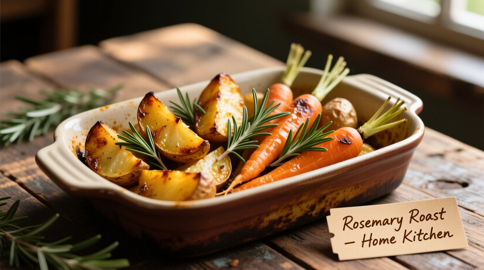 Golden roasted potatoes and carrots with rosemary