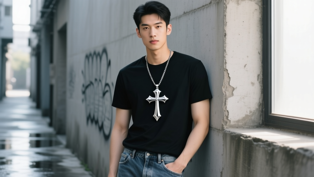 Man wearing a 24-inch stainless steel Mihawk cross pendant over a black t-shirt, casual streetwear style, soft natural lighting