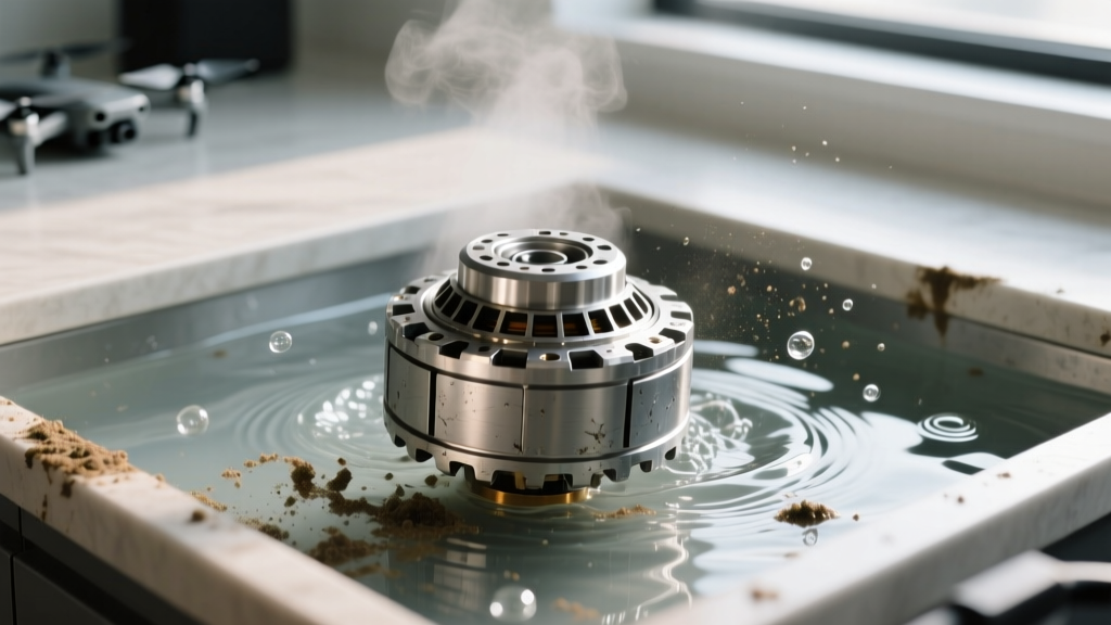 FPV drone motor bells submerged in a portable ultrasonic cleaner vibrating water to remove fine silica dust and grease after a muddy crash