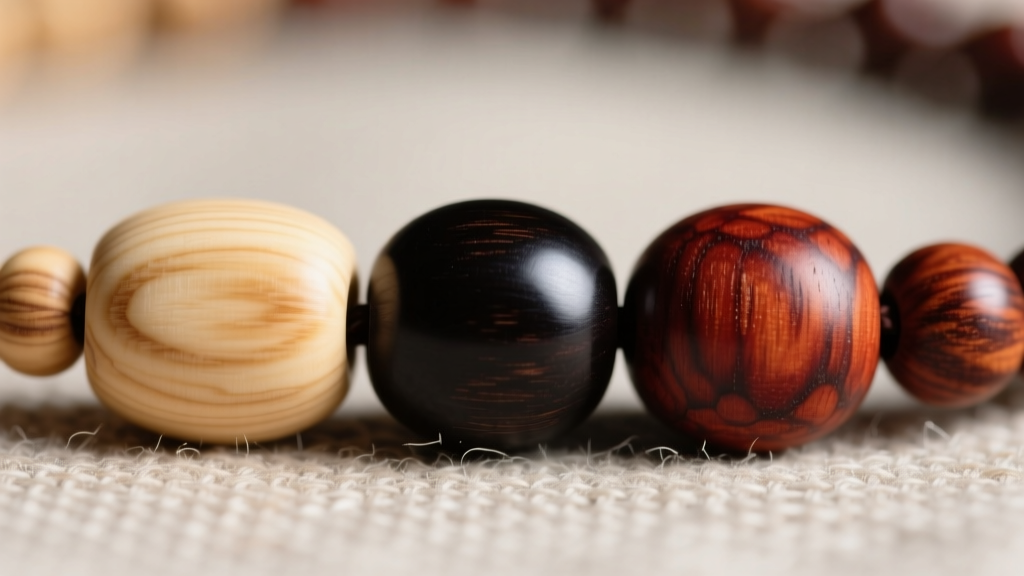 Macro shot of three wood rosary beads: pale olivewood, dark ebony, and reddish sandalwood, resting side-by-side on raw linen.