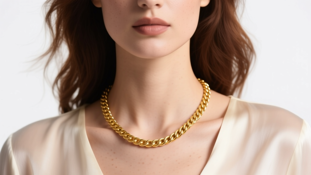 A woman wearing a 20-inch 14k gold cable chain necklace resting on her collarbone, illuminated by soft, elegant studio lighting.
