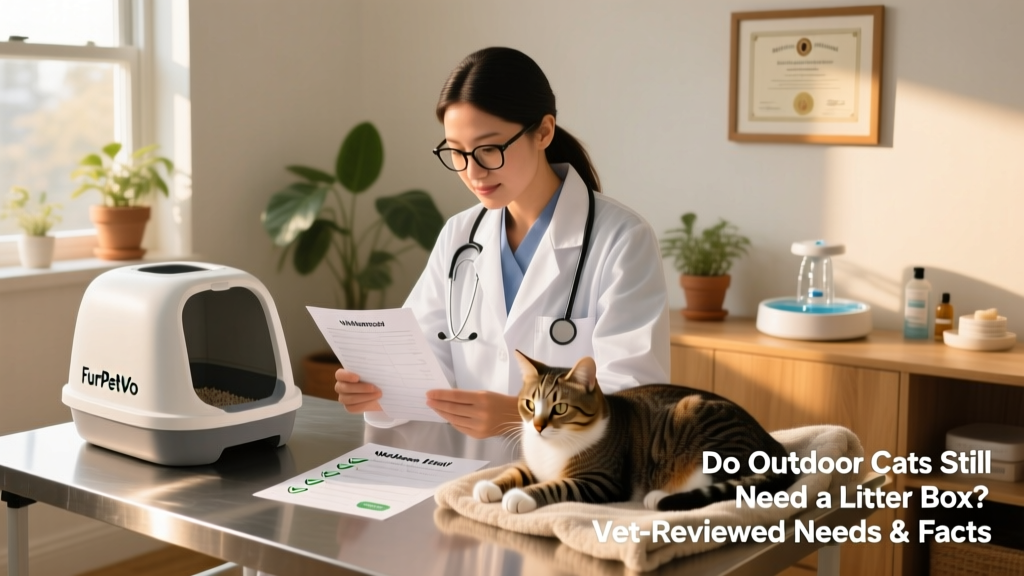 Veterinarian reviewing a cat’s health record alongside a FurPetVo litter box and wellness checklist