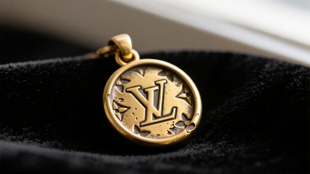 Close-up of a repurposed vintage gold-tone brass LV monogram button pendant resting on dark velvet, highlighting textured metal details.