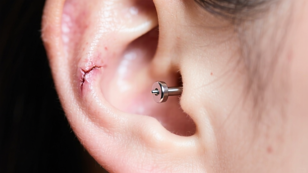 Macro photo of a healed earlobe piercing wearing a simple implant-grade titanium stud, soft studio lighting, clean skin texture