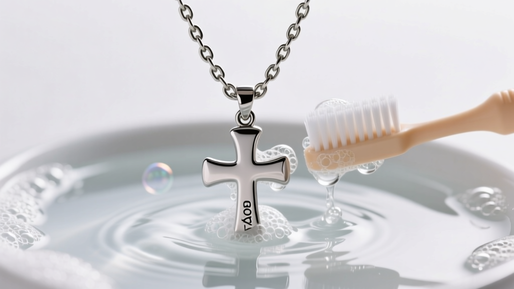 Stainless steel boys cross necklace in soapy water, gently cleaned with a soft baby toothbrush under bright studio lighting.