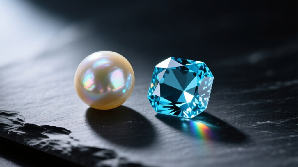 Macro shot of a raw freshwater pearl and a faceted aquamarine gemstone resting side-by-side on a dark slate background.