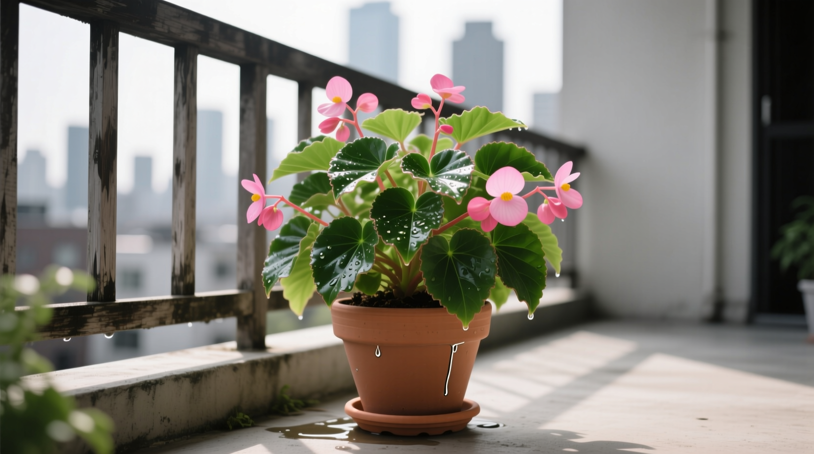 September container gardening win: begonias thriving in shaded balcony with consistent moisture
