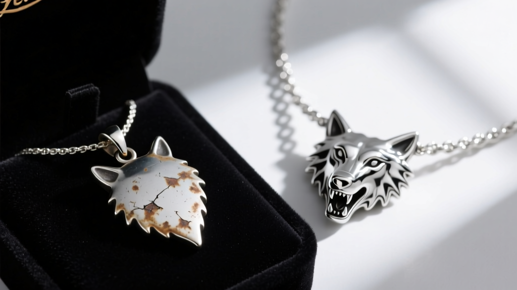 Macro shot comparing a tarnished zinc alloy replica pendant next to a polished rhodium-plated sterling silver direwolf necklace
