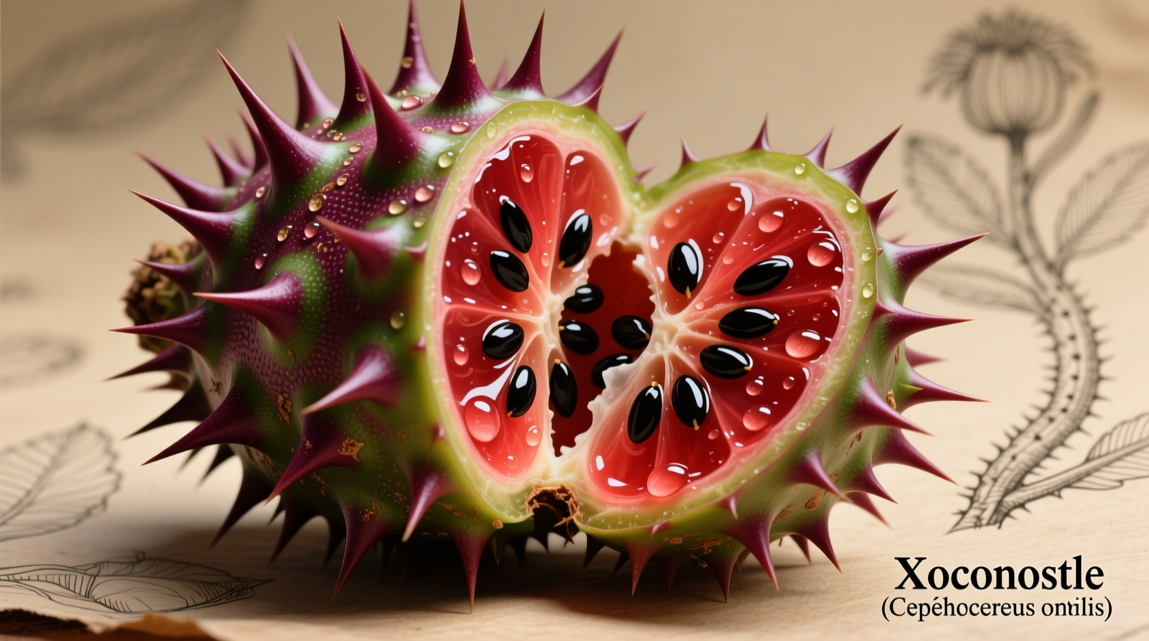 Xoconostle fruit showing spiky exterior and red interior