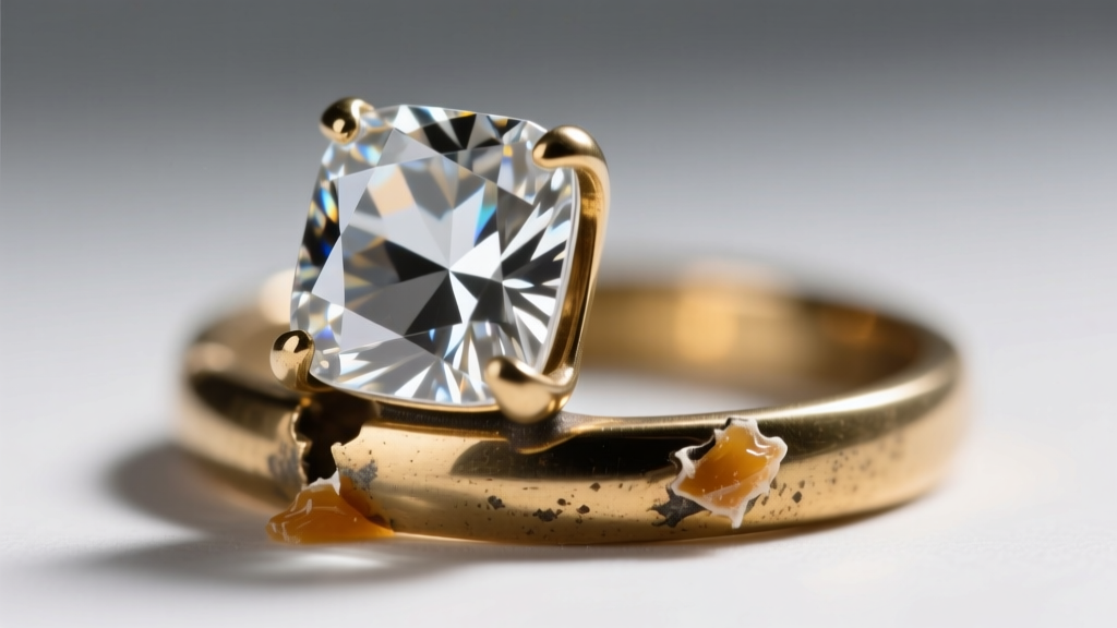Macro photography of a clear cubic zirconia stone partially detached from a brass ring setting, showing dried glue residue on the metal base