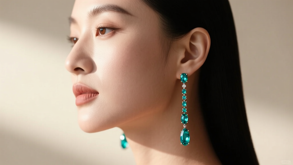 Side profile of a woman wearing long turquoise chandelier earrings, showing how elongated drops complement a round face shape