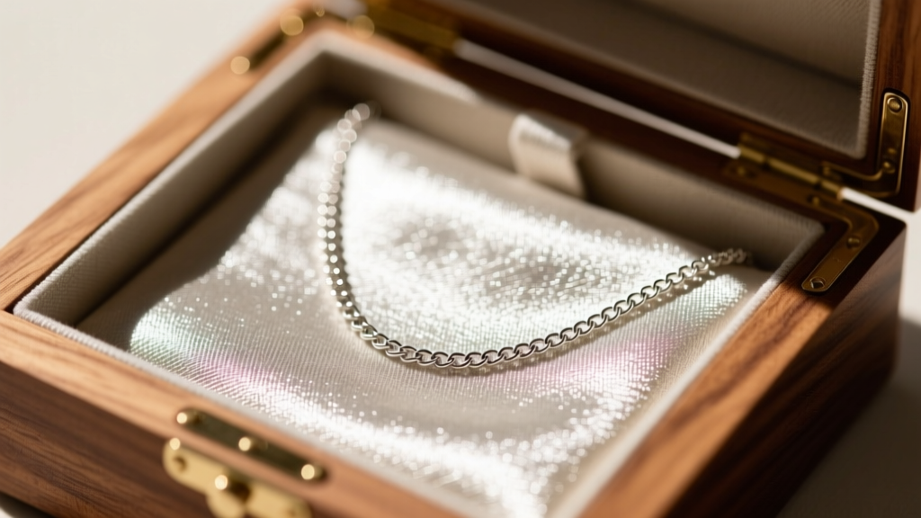 Macro shot of Pacific Silvercloth lining the interior drawer of custom maple jewelry box holding a delicate silver chain necklace