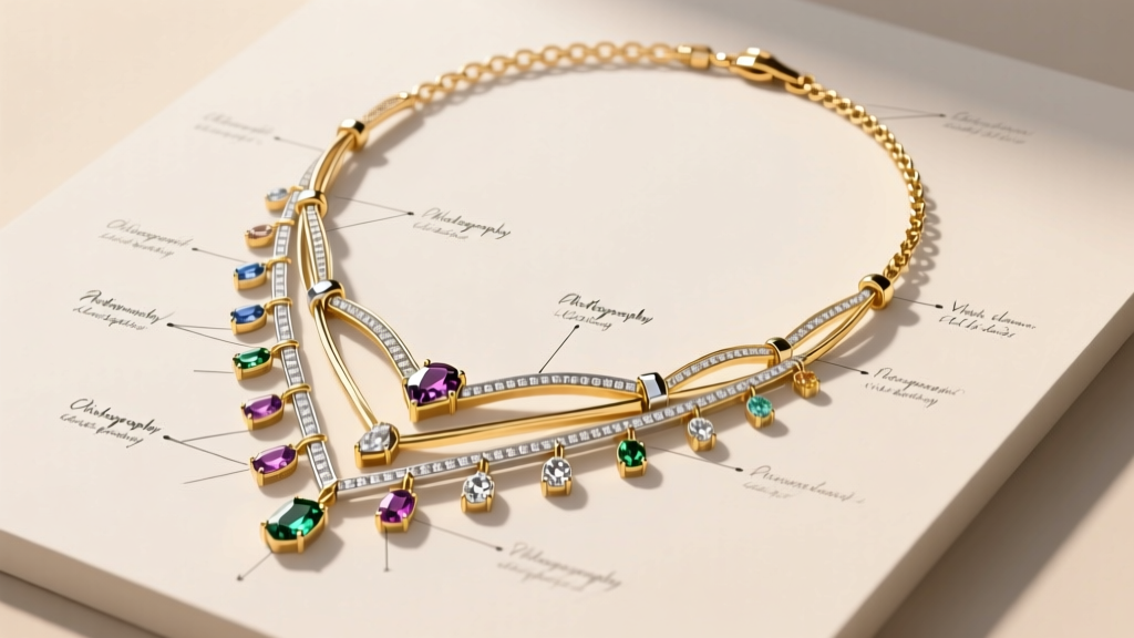 Flat lay of jewelry sketches showing the technical anatomy of a cascade necklace, including articulation joints and hidden clasps.