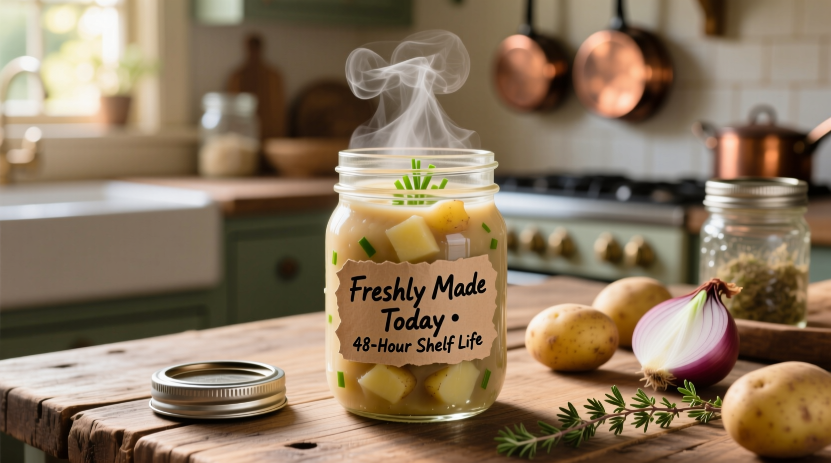 Homemade potato soup in mason jar with freshness label