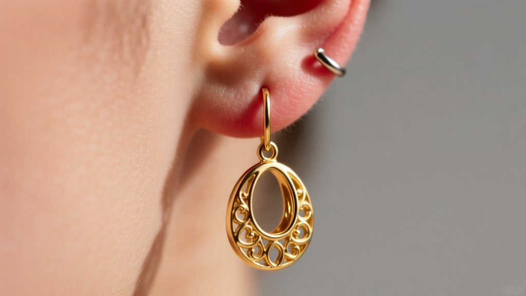 Macro photography of a heavy 14k solid gold drop earring gently pulling downward on a slightly stretched 12-gauge earlobe fistula.