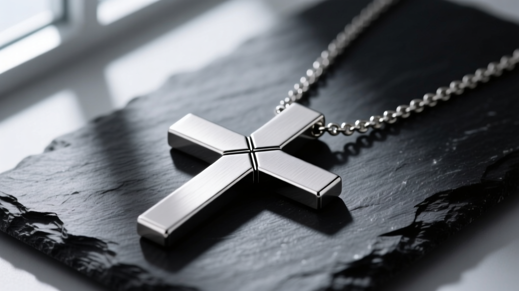 Close-up of a brushed 316L steel nail cross necklace on dark slate, highlighting intersecting weld seams and a matte finish.