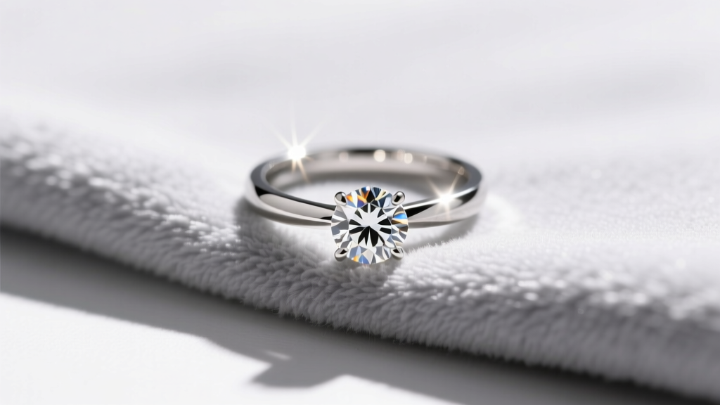 Sparkling 14k white gold diamond solitaire ring resting on a soft gray microfiber cloth, illuminated by bright natural sunlight.