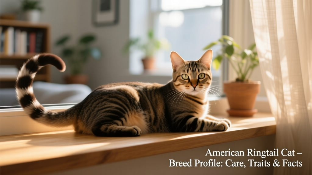 Adult American Ringtail lounging on a sunlit windowsill, tail curled elegantly over its back, gazing calmly at the camera