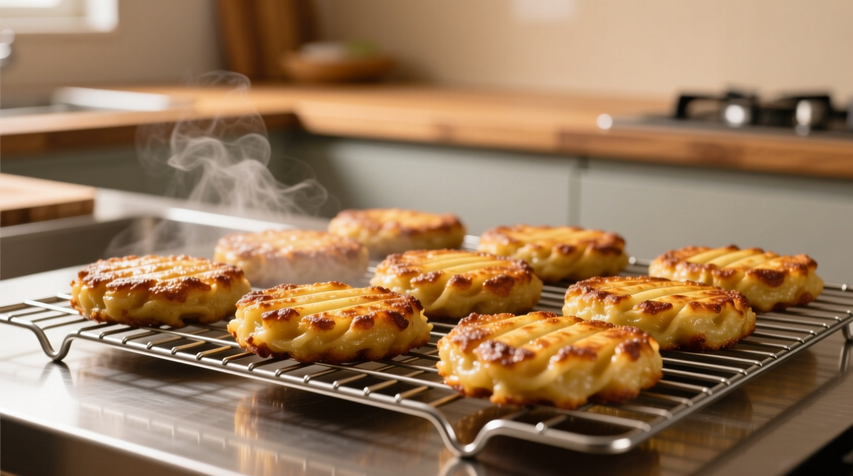 Golden brown potato patties on cooling rack