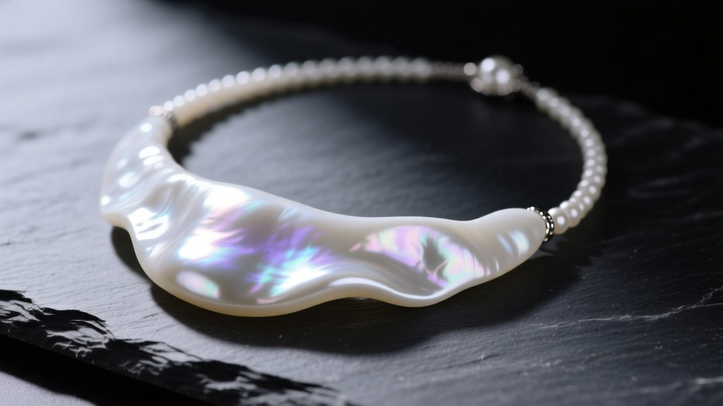 Macro shot of a large iridescent white freshwater baroque pearl pendant necklace resting on dark slate with dramatic side lighting.