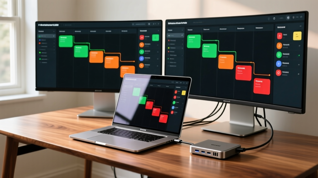 A 2026 MacBook Pro setup on a walnut desk with a Thunderbolt dock and dual monitors displaying colorful Jira sprint boards.