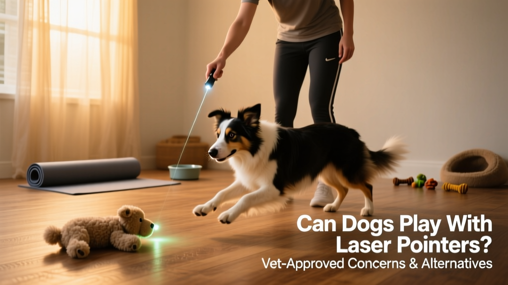 A trainer using a laser pointer to guide a dog toward a plush toy placed on the floor, encouraging a successful 'catch'
