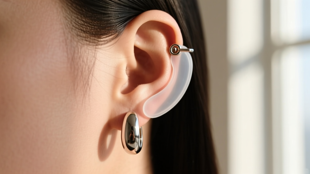 Side profile of an ear wearing a heavy drop earring secured with a locking back and a clear silicone ear support pad.