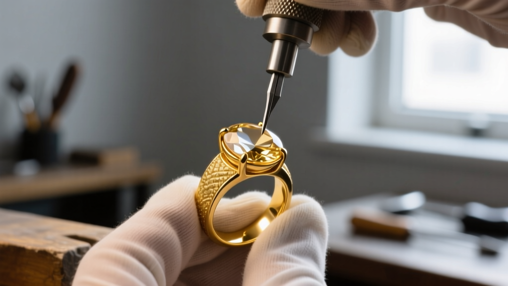 Close-up of a jeweler setting a polished gold in quartz oval cabochon into a 14k gold ring mount using a steel bezel roller tool.