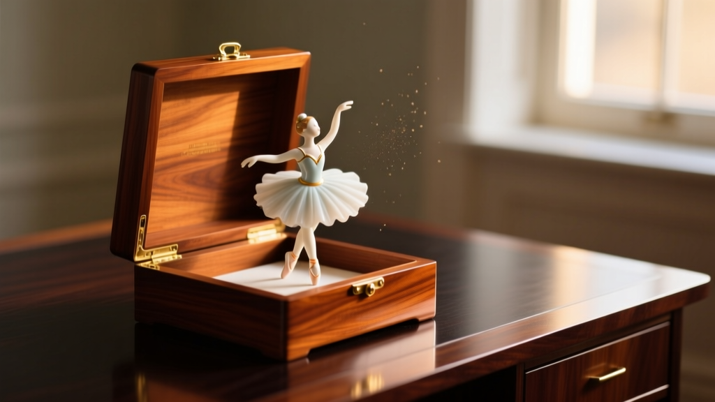 Open wooden jewelry box ballerina with spinning porcelain figurine on a dark mahogany desk, illuminated by soft warm lighting.