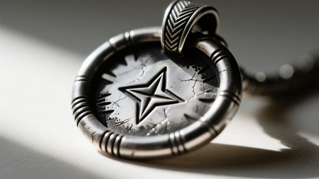 Close-up of a stamped Navajo silversmith hallmark on a sterling silver naja pendant back, highlighting the oxidized metal texture.