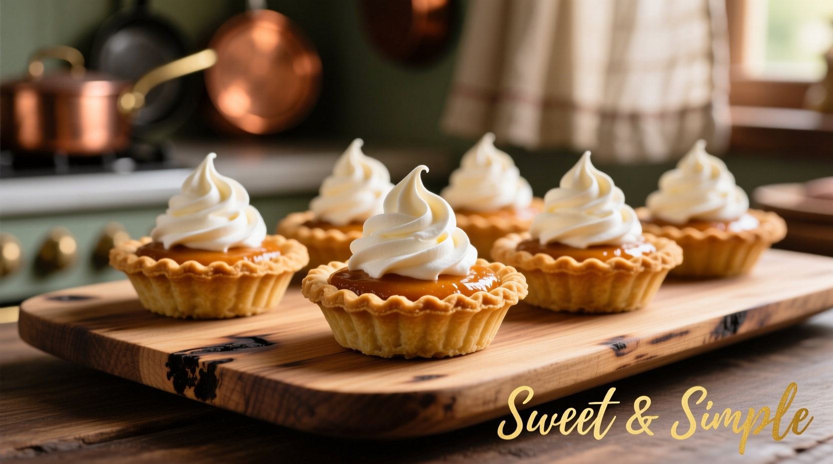 Mini sweet potato pies arranged on wooden tray with whipped cream