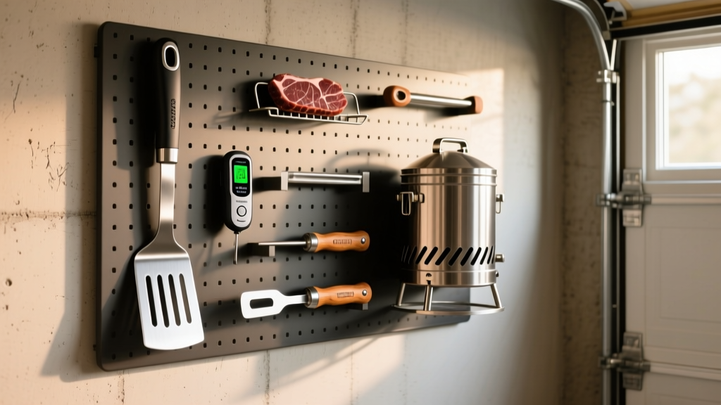 Organized pegboard in a garage displaying premium BBQ gadgets including heavy-duty spatulas, wireless meat probes, and a stainless steel charcoal chimney