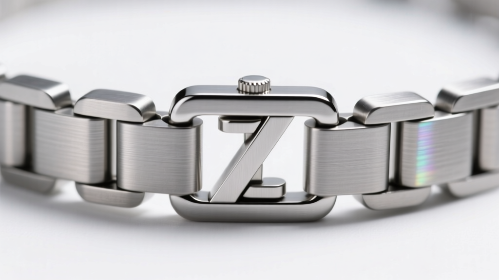 Macro close-up of a 3mm stainless steel Z-link chain clasp, showing precise laser-welded joints and a brushed metal finish