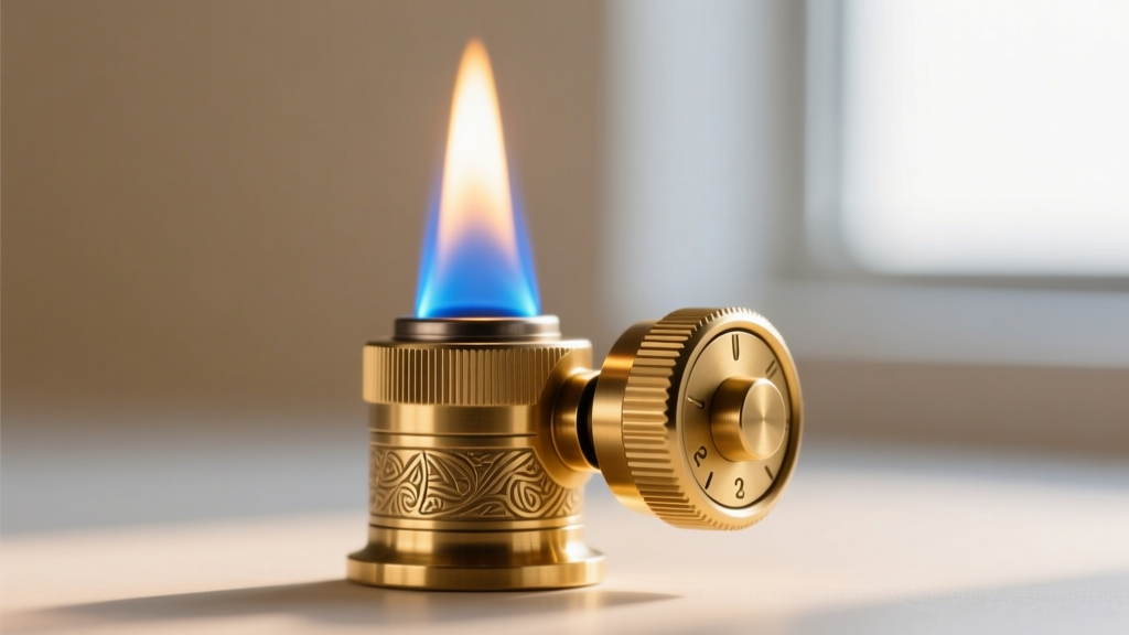 Macro shot of a brass flame adjustment dial on a butane jewelry torch, showing a bright blue inner flame in the soft background.