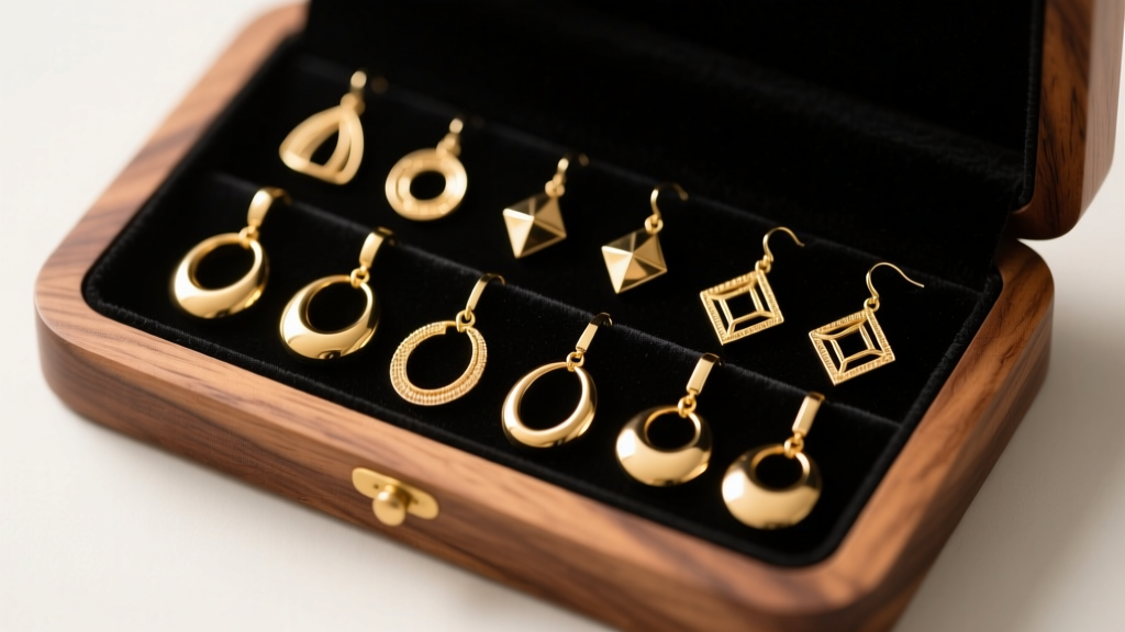 Top-down view of a walnut wood homemade earring holder with black velvet lining holding heavy gold dangles